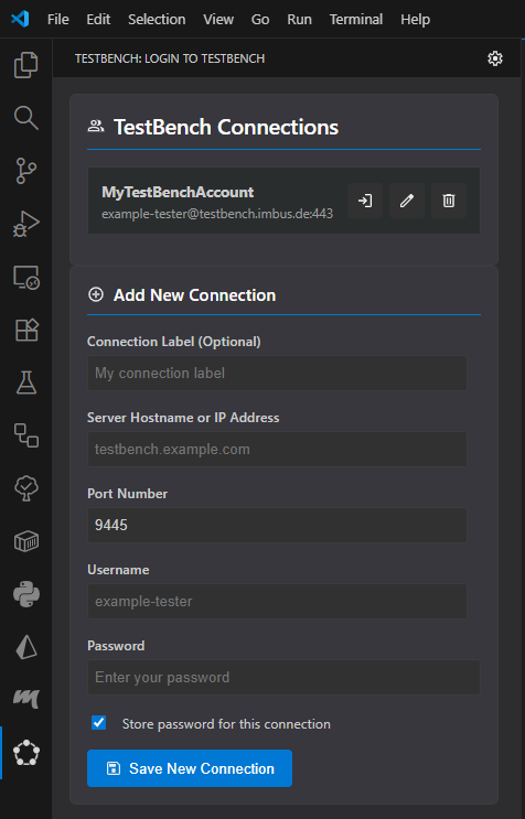 TestBench extension login page in VS Code