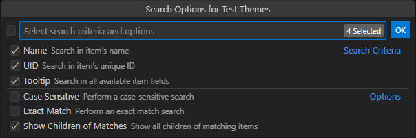 Search options for Test Themes