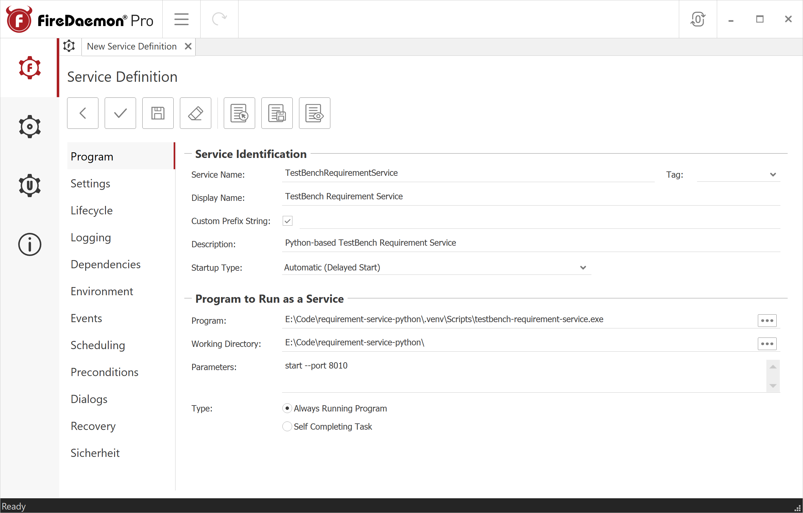 FireDaemon GUI Program Tab Filled