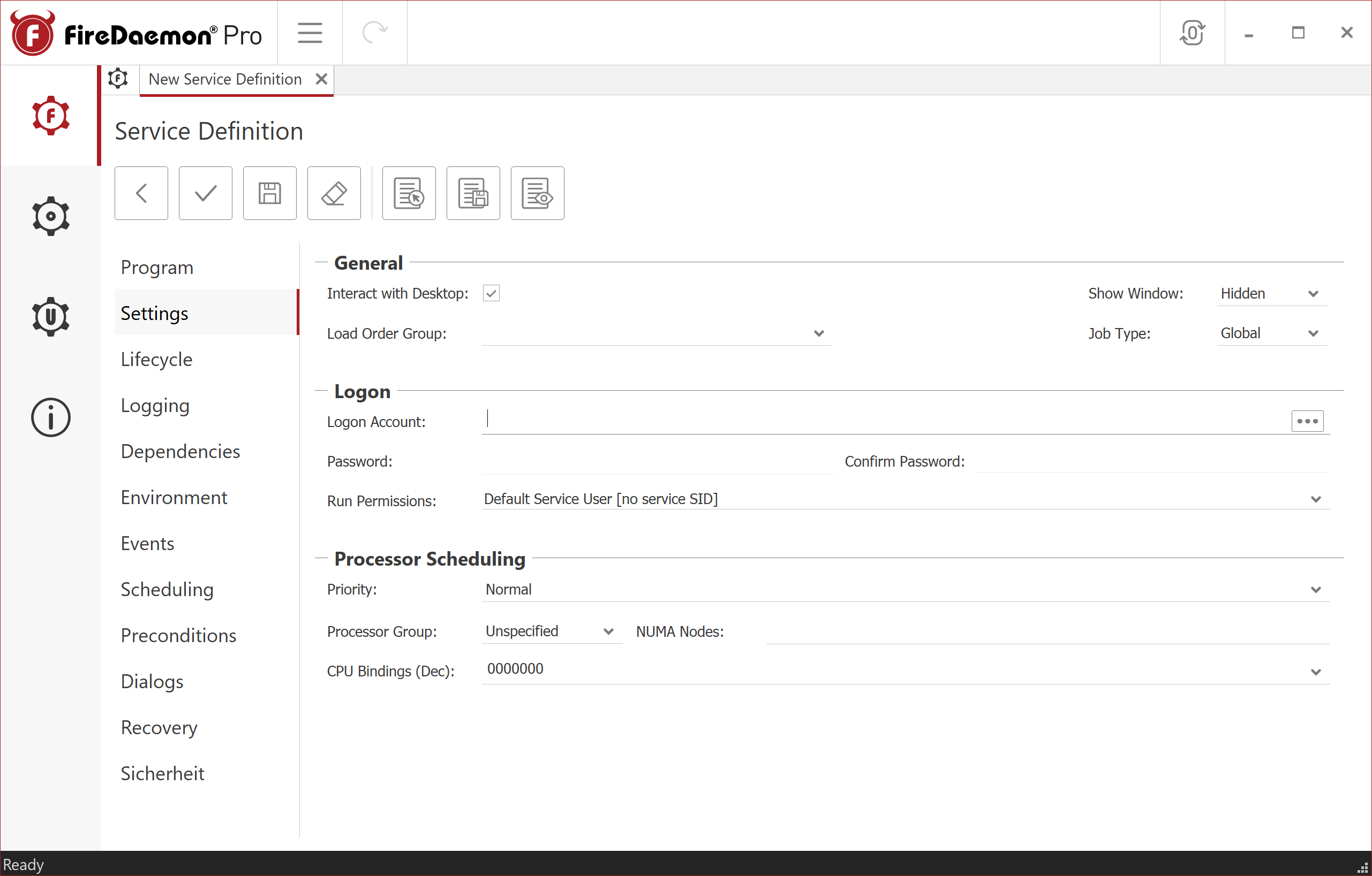FireDaemon GUI Settings Tab Filled