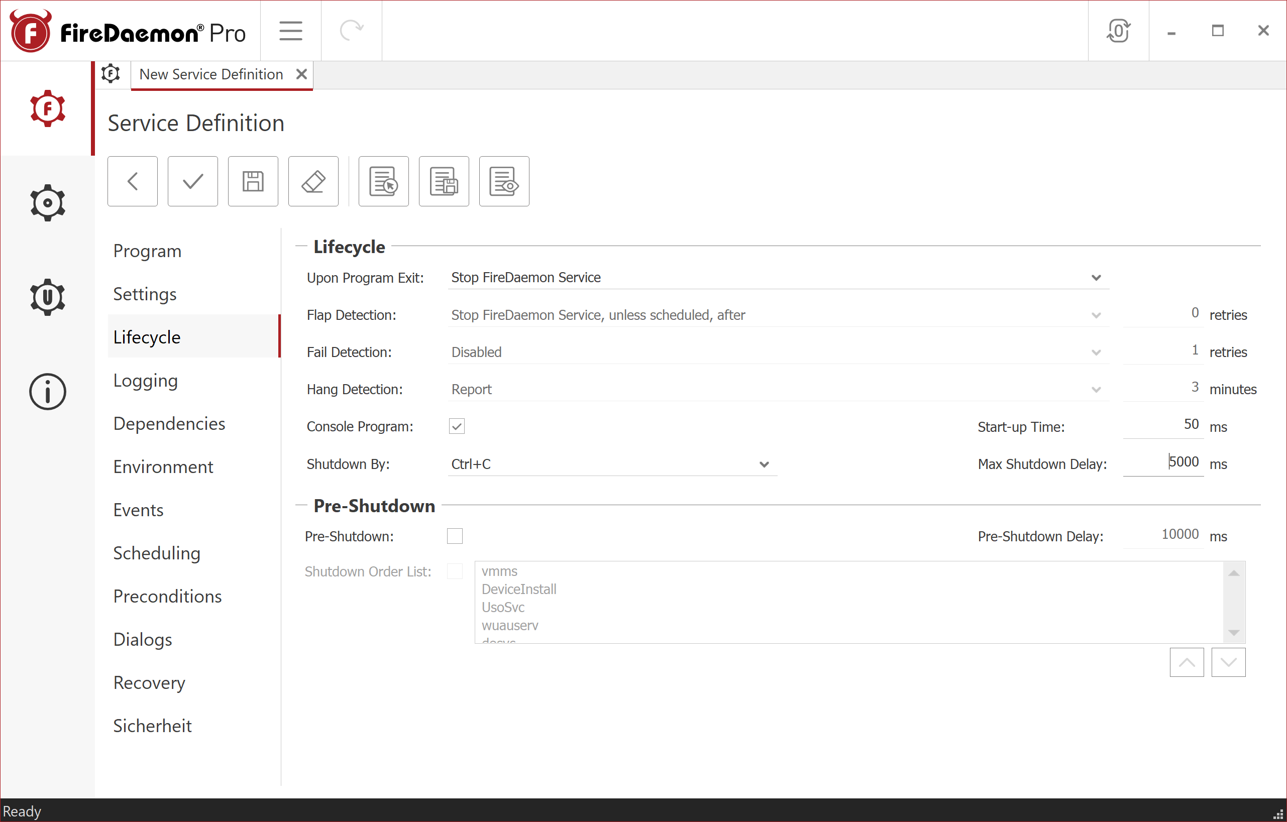 FireDaemon GUI Lifecycle Tab Filled