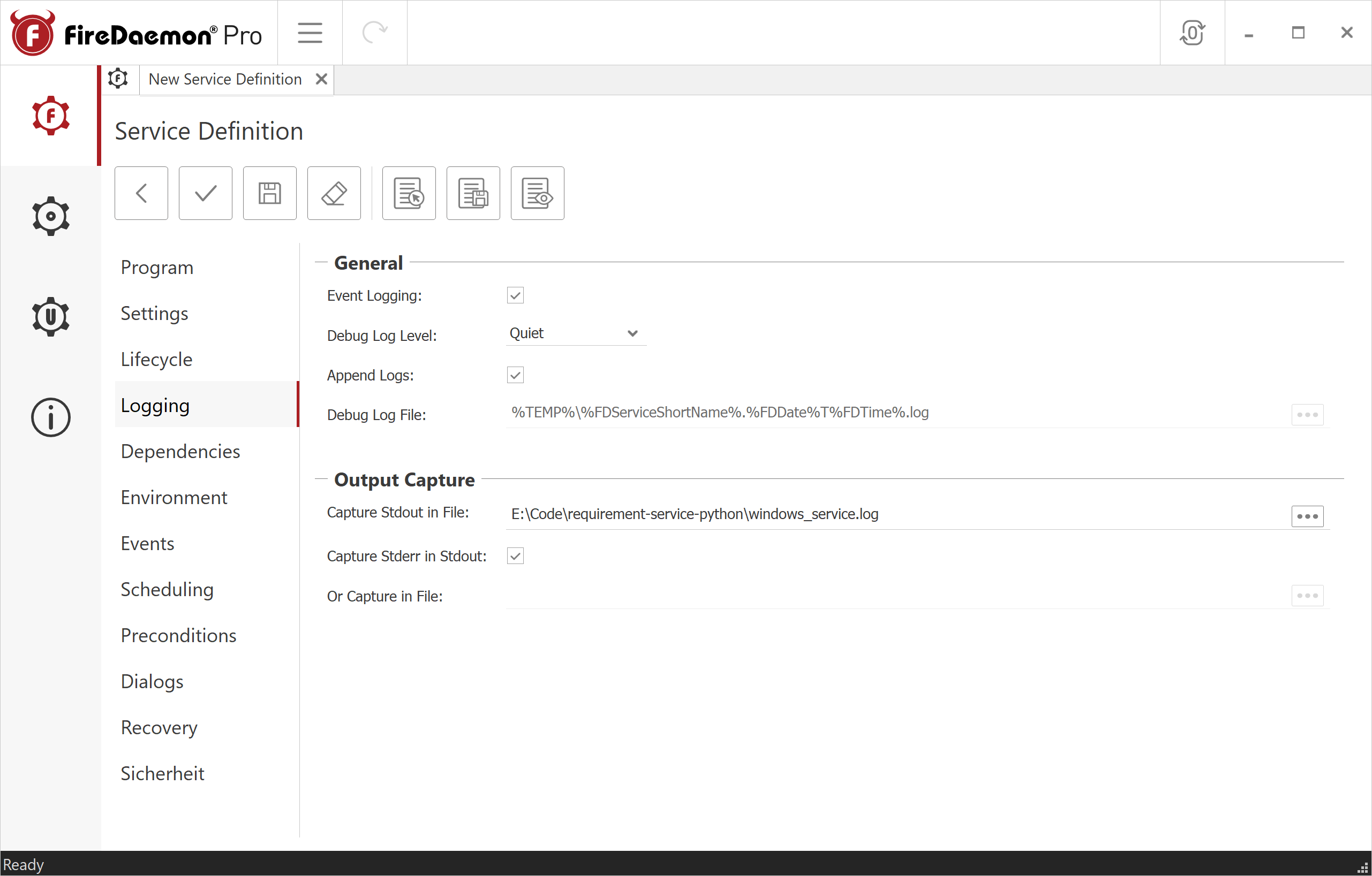 FireDaemon GUI Logging Tab Filled
