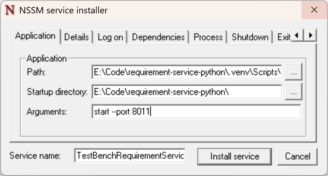 NSSM GUI Application Tab Filled