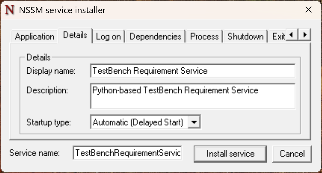 NSSM GUI Details Tab Filled