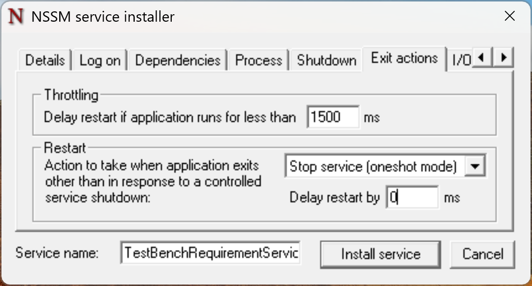 NSSM GUI Exit Actions Tab Filled